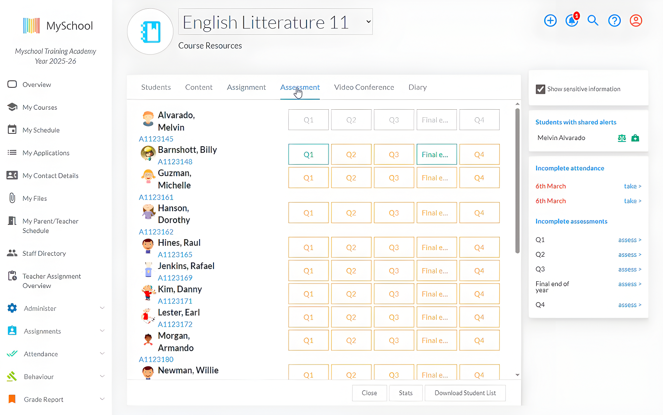 LMS assessment view showing term grades and final marks for each student in a class