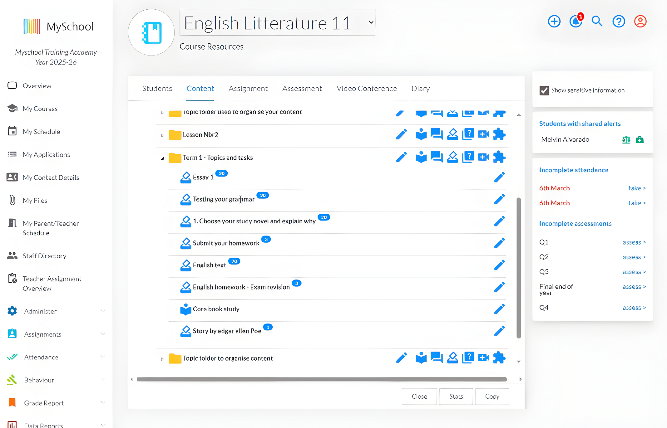 LMS course content organised into term folders, lessons, and assigned tasks