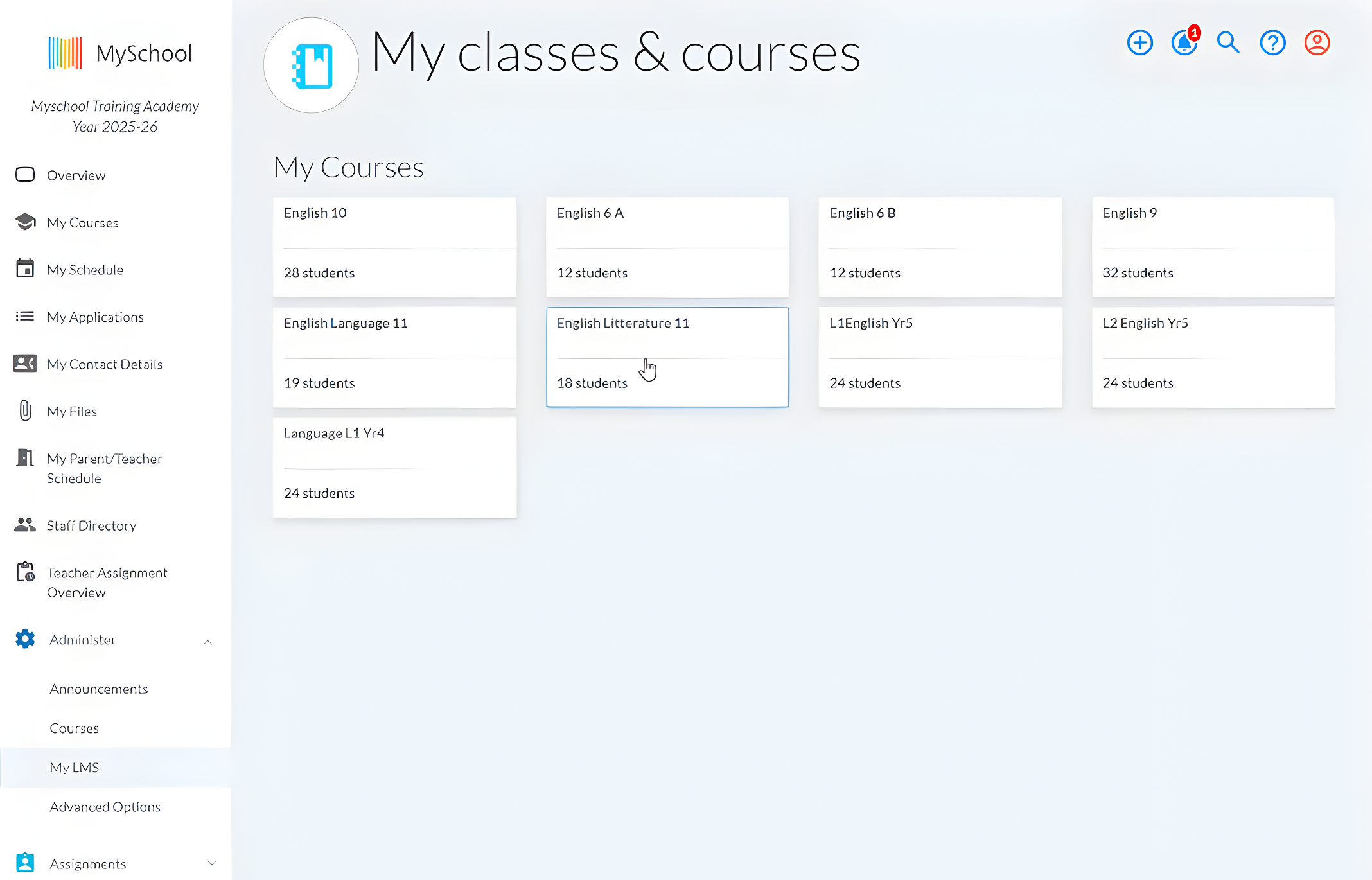 MySchool LMS dashboard showing a teacher's course list with student numbers for each class