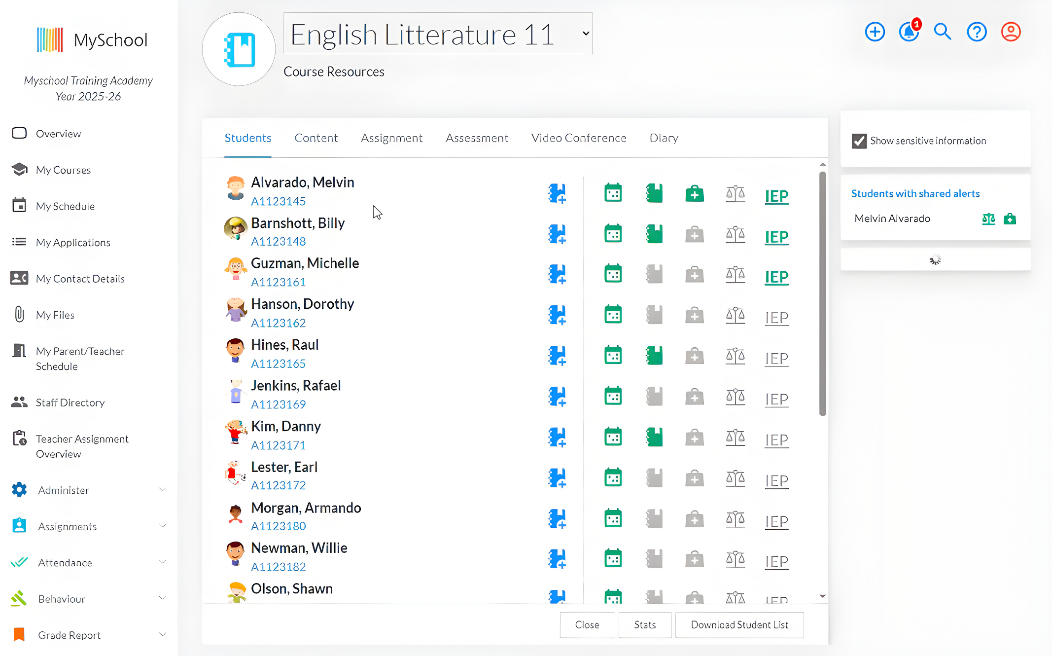 Learning management system course view listing enrolled students with IEP and alert indicators
