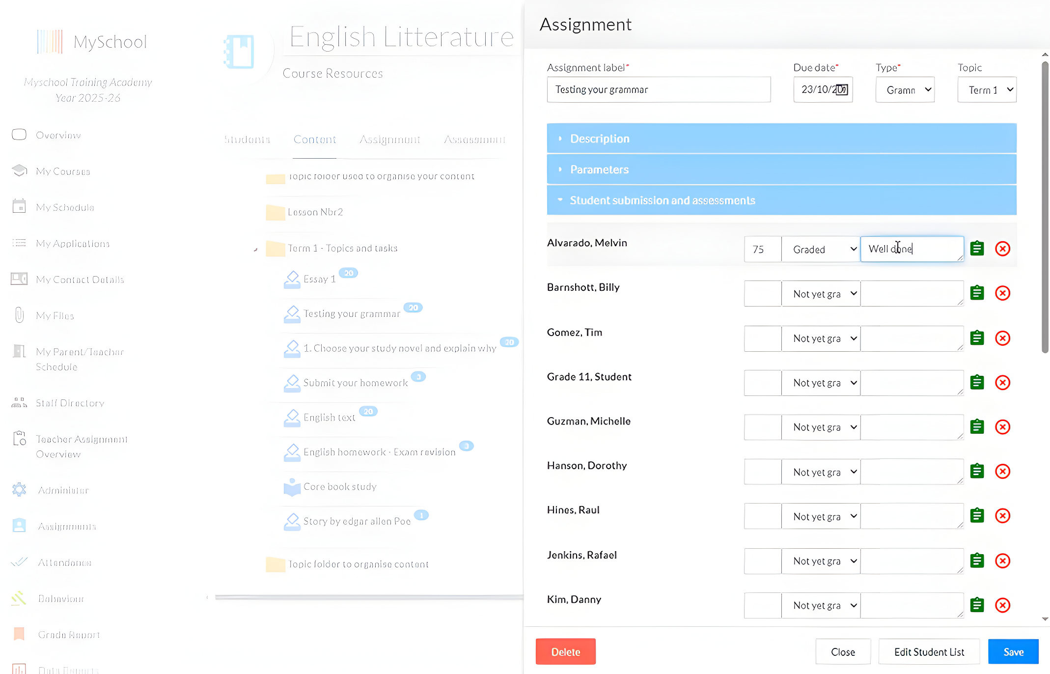 Teacher grading an assignment in the LMS with marks and written feedback per student
