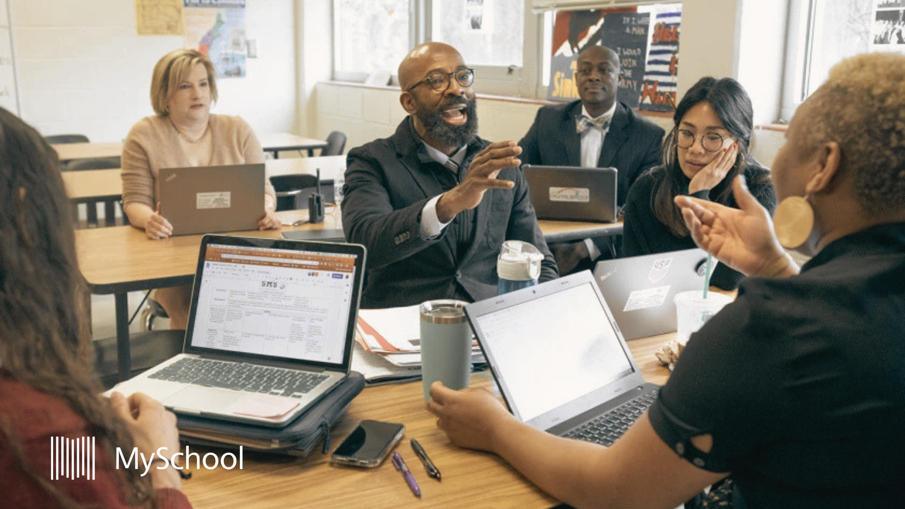 Independent school leadership team meeting on school operations
