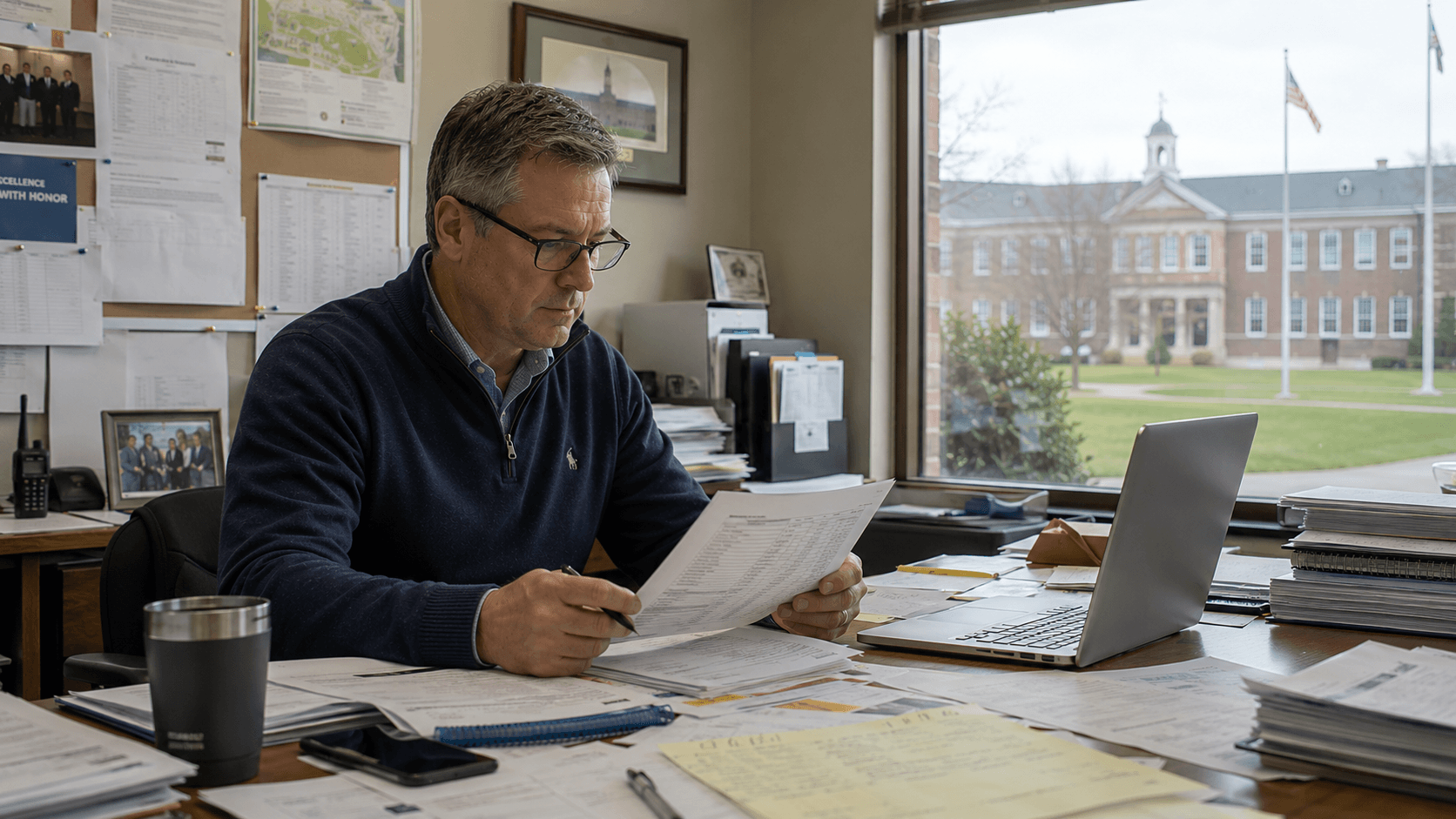 Independent school administrator reviewing reports and school data