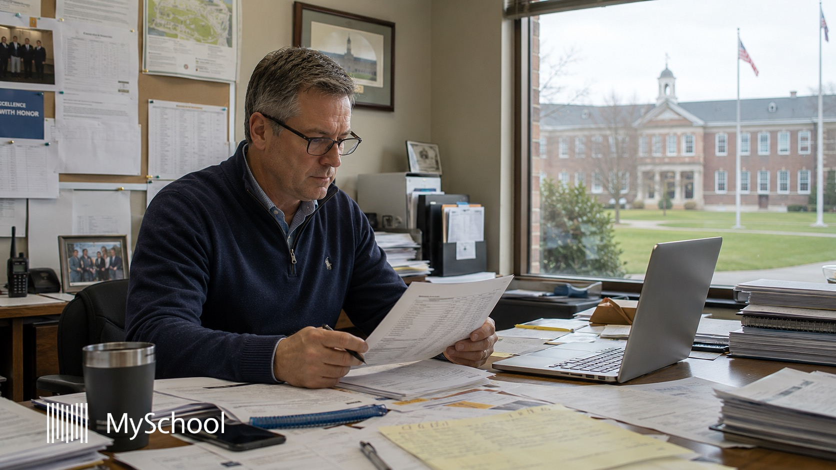Independent school administrator reviewing reports and school data