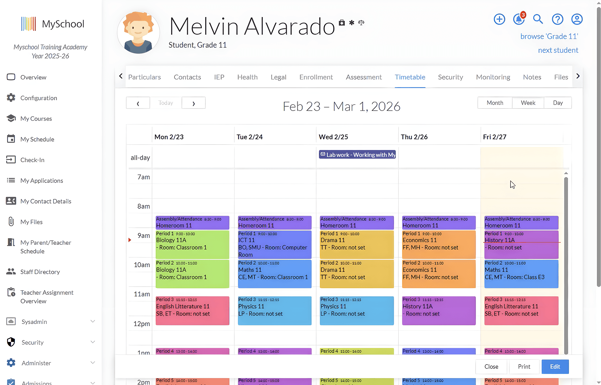 Weekly timetable for a Grade 11 student in MySchool's student information system, showing colour-coded periods, rooms, and teachers.