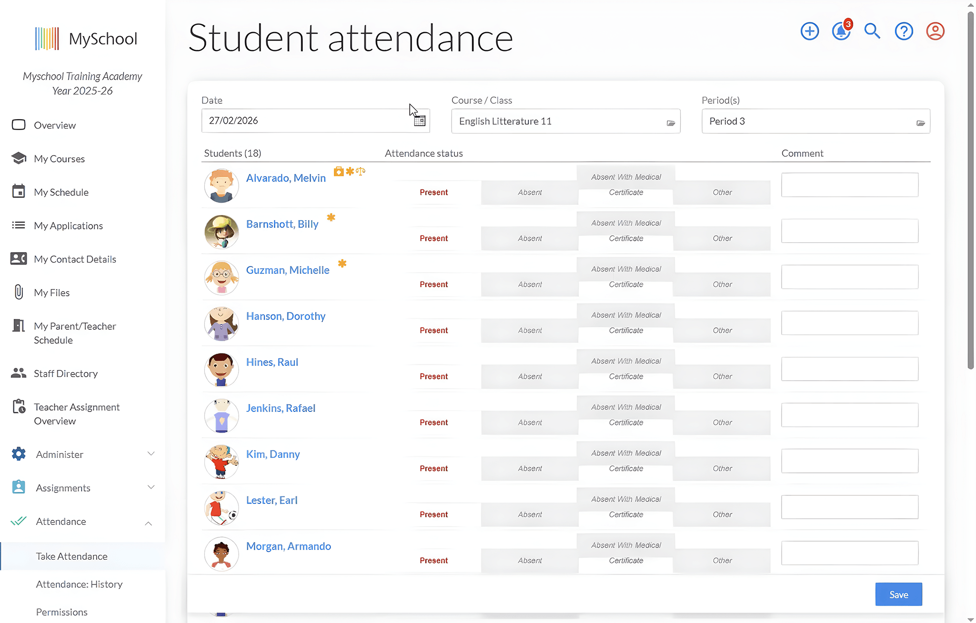 Attendance screen in MySchool with present, absent, and medical certificate options for each student in a class period.