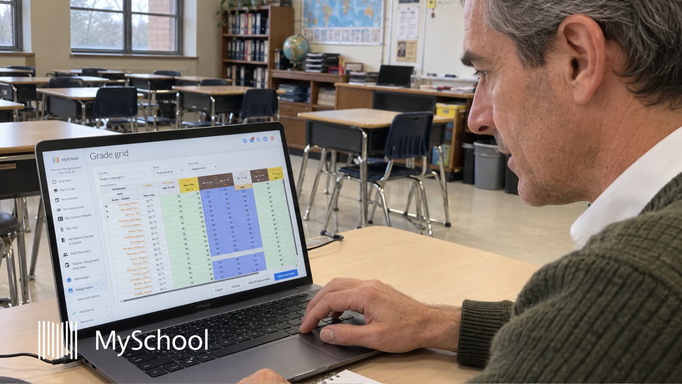 Teacher with a laptop showing MySchool platform