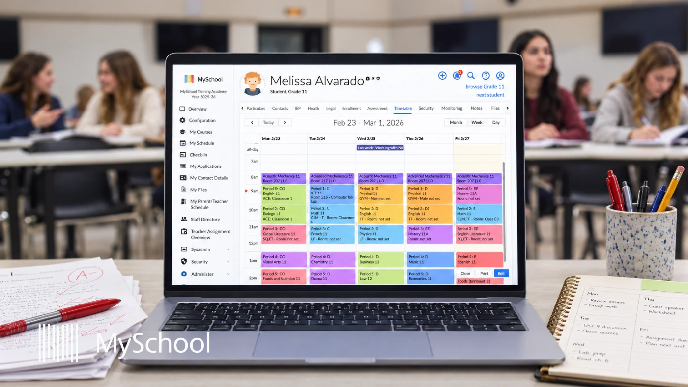 Picture showing laptop in a classroom with MySchool platform on the screen