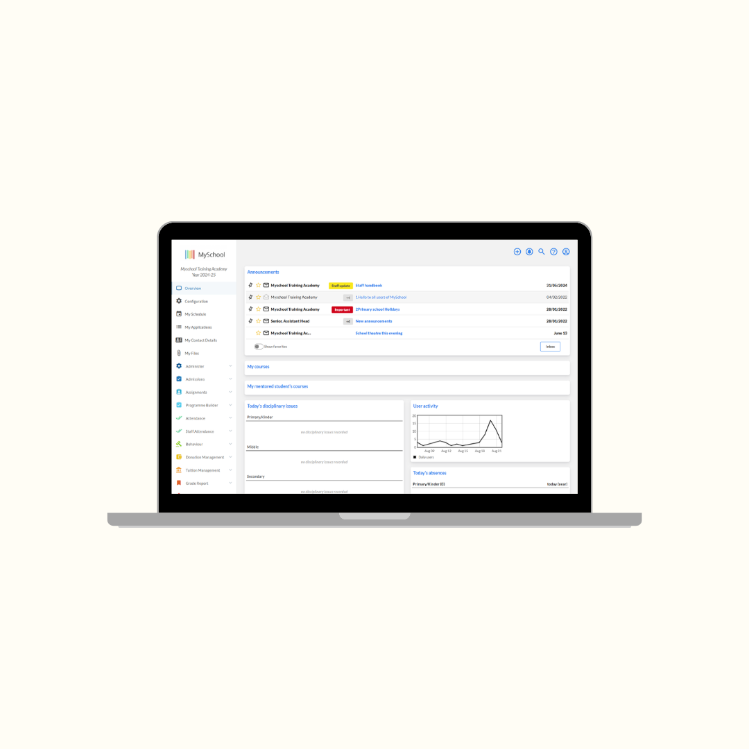 MySchool school management platform dashboard with SIS, admissions, tuition, communication, reporting, LMS, and IEP modules in one system