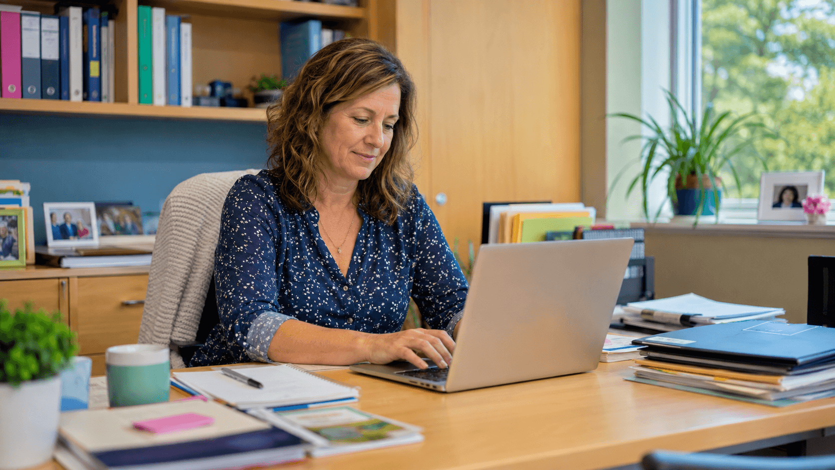 School administrator at K-12 using provincial education reporting module on laptop
