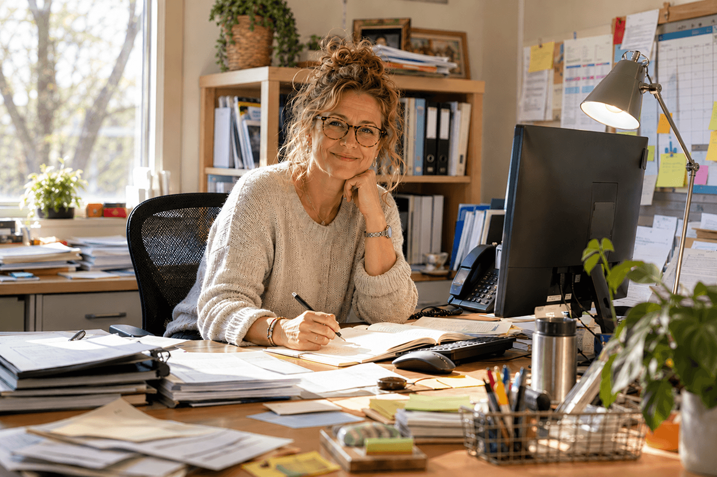 School district administrator at her desk reviewing reports on computer